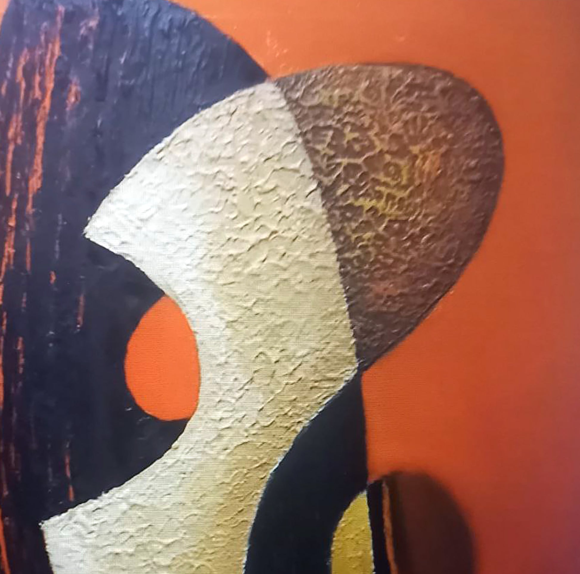 Oil painting by Alexander Strashevich: bold black, cream, brown shapes on orange