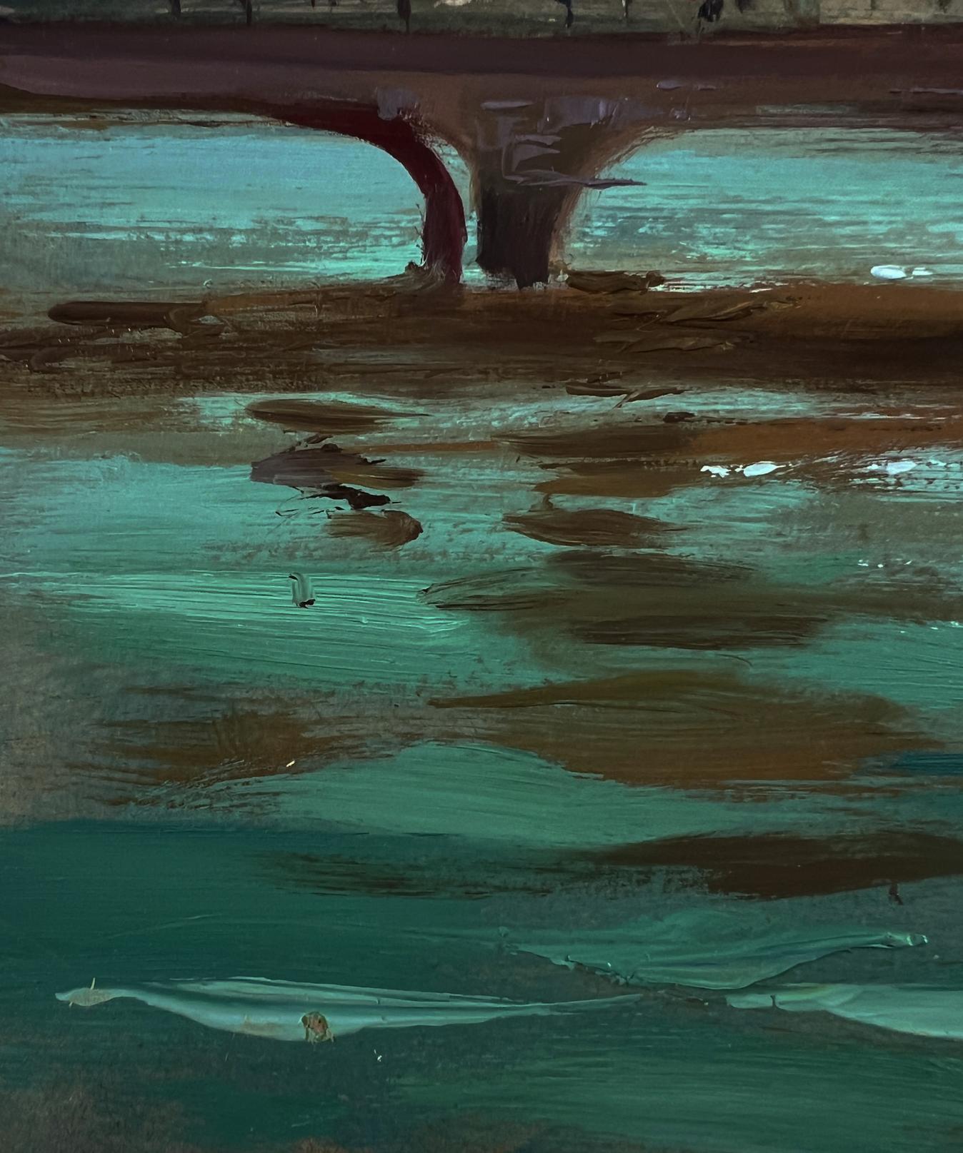 Textured impasto oil painting of bridge over teal water by Yuriy Suprunchuk
