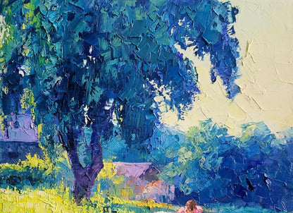 Oil painting Morning by Boris Serdyuk: impressionist tree in blues, greens, yellow sky