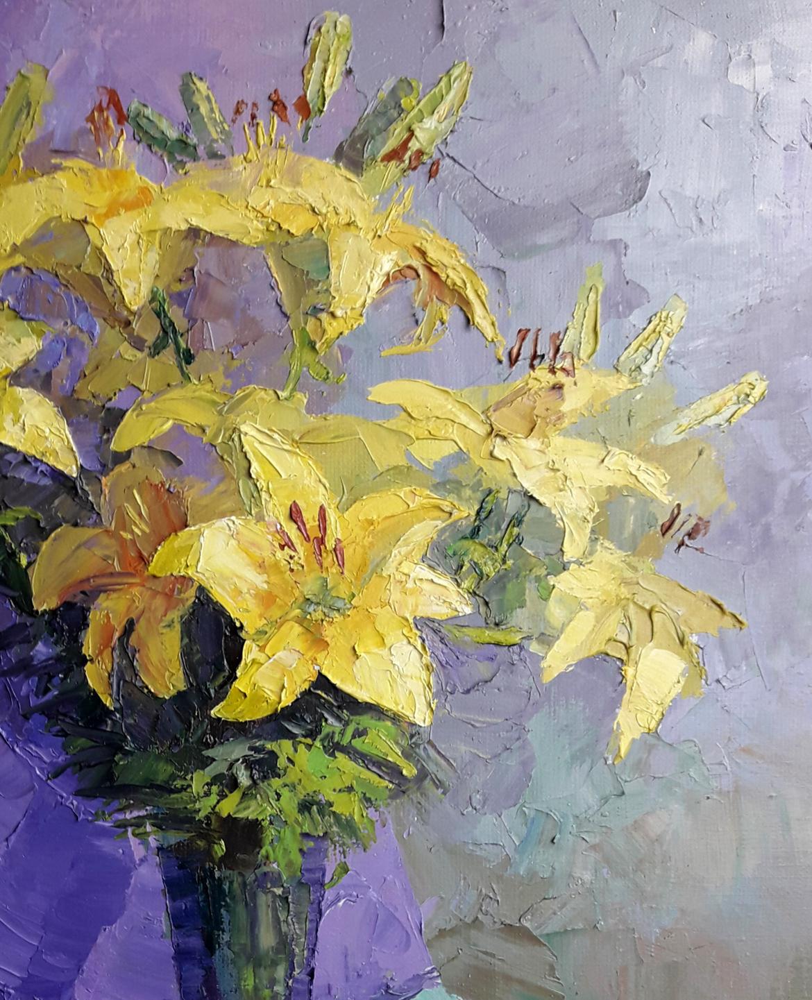 Oil painting of vibrant yellow lilies by Boris Serdyuk
