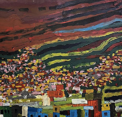 Vibrant oil painting Favelas by Serhiy Kovalev: colorful urban landscape under dramatic skies