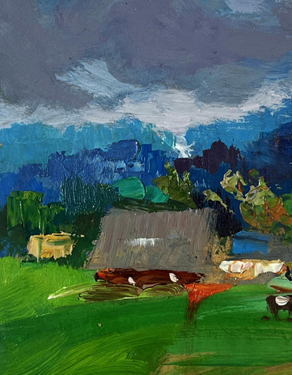Impressionistic oil painting by Yuriy Suprunchuk of cows grazing by river