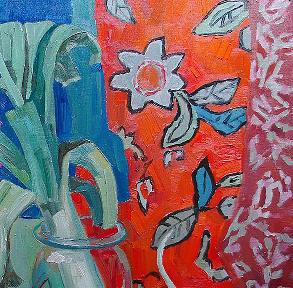 Oil painting Still life with onion by Tatyana Shulyak, vibrant green plant in vase