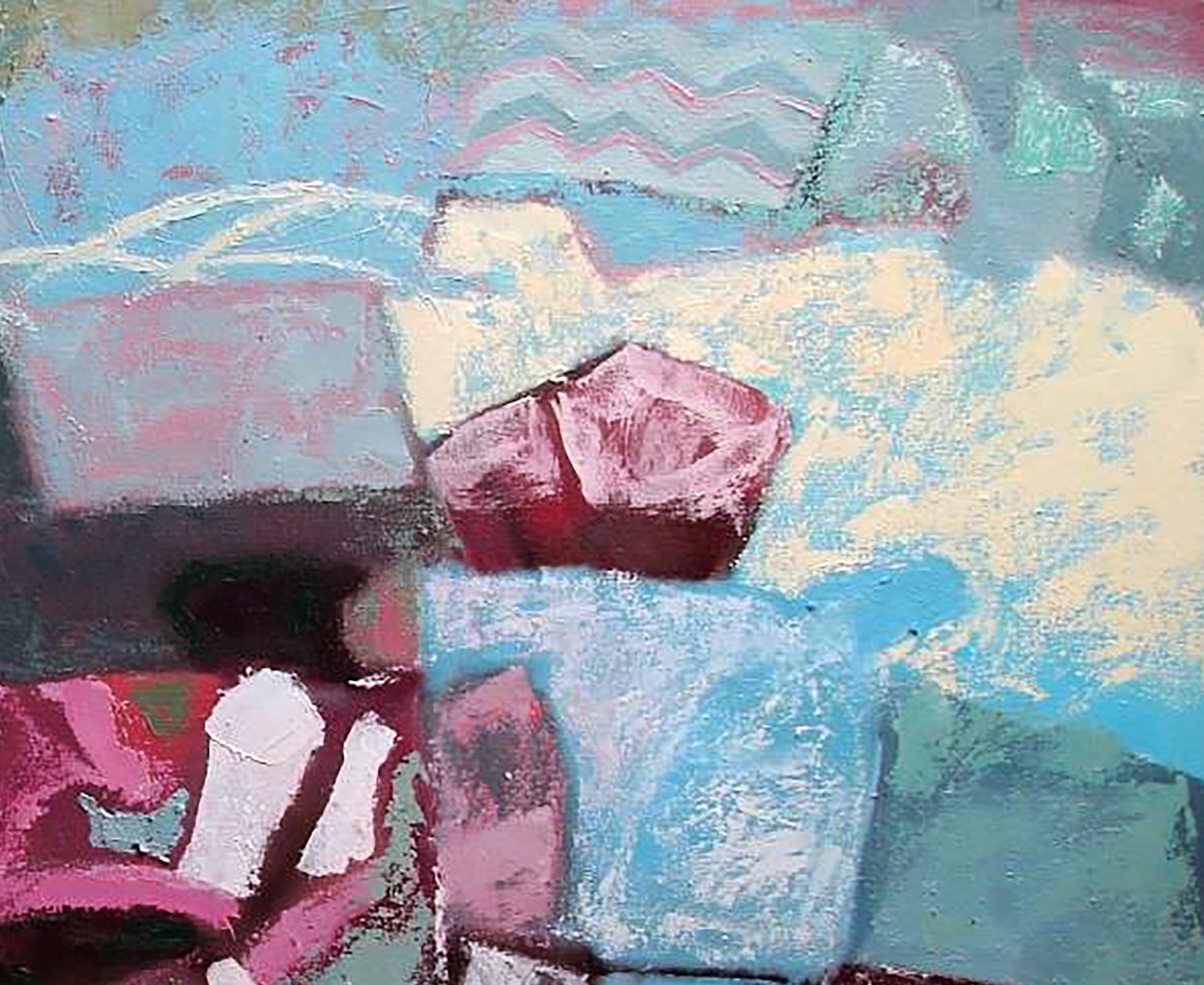 Oil painting Tender sea by Tatyana Shulyak with blue pink cream blocks