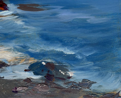 Oil painting by Yuriy Suprunchuk of textured sea waves crashing on rocks