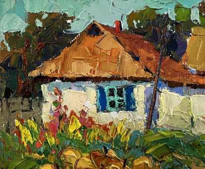 Oil painting In the courtyard of the village by Oksana Ivanyuk rustic white house terracotta roof blue window impasto