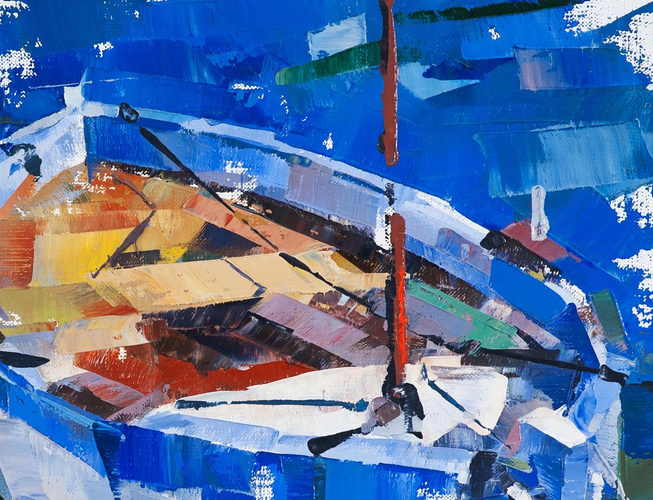 Oil painting Emerald Volodymyr Gluhomanyuk vibrant boat in blue white earthy tones