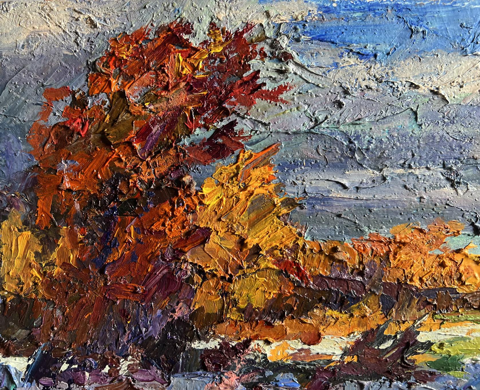 Oil painting The first snow fell by Boris Serdyuk with autumn tree