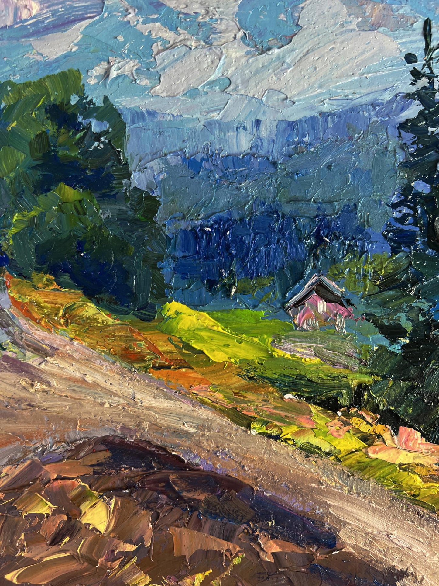 Oil painting Fresh mountain air by Boris Serdyuk: pink gray cabin in lush trees