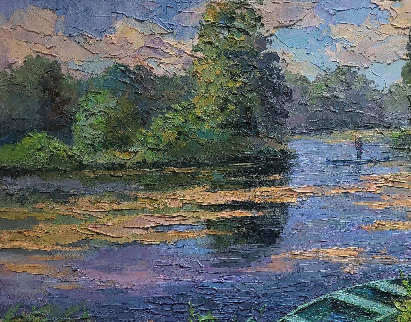 Impressionistic oil painting of boat on pond by Boris Serdyuk