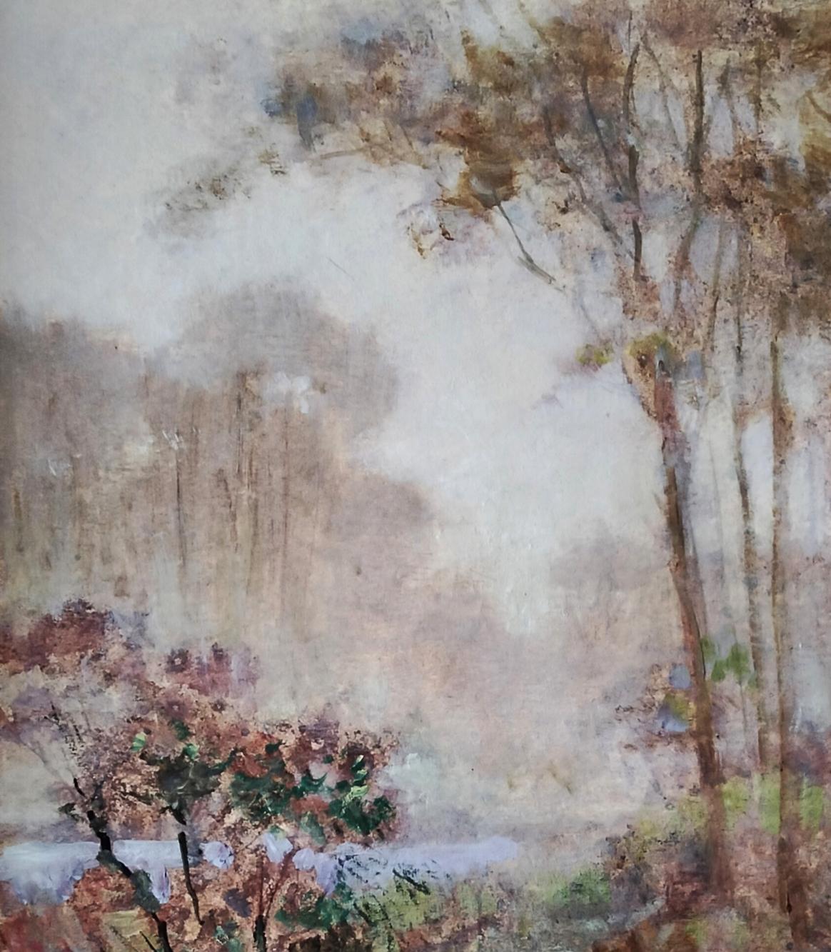 Oil painting Trees whisper through white silence by Vitaly Duhnevich misty autumn watercolor landscape