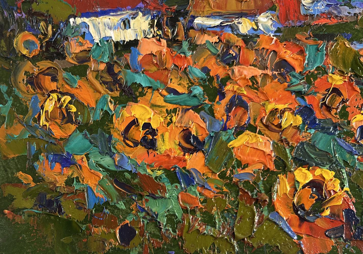 Vibrant Oksana Ivanyuk oil painting of summer village life with orange yellow flowers