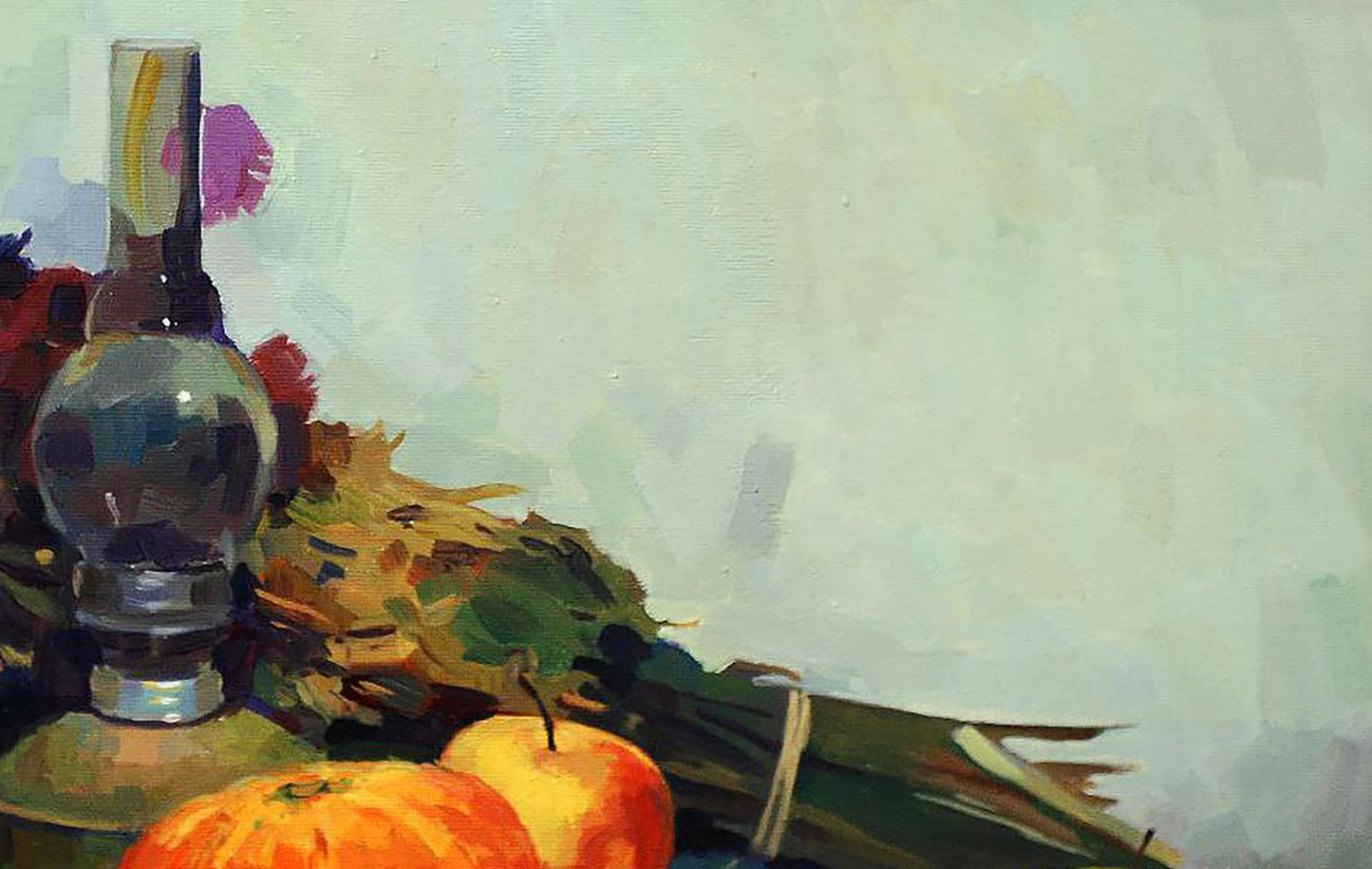 Oil painting of glass oil lamp with autumn fruits by Anastasia Yaroshevich