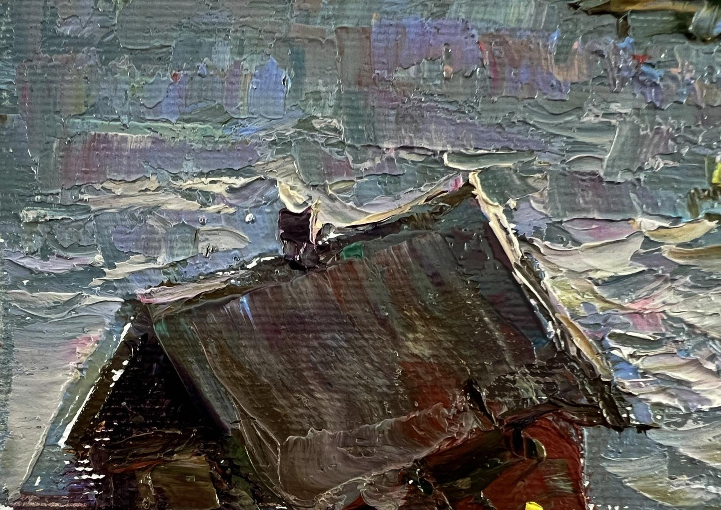 Oil painting Above the Lake by Oleksiy Ivanyuk, textured house in grays