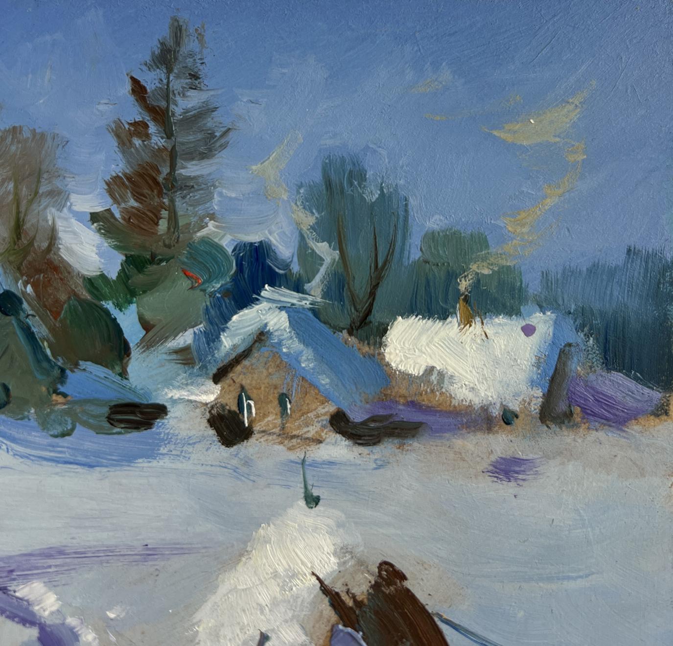 Textured impressionist oil painting of snowy path to village by Yuriy Suprunchuk