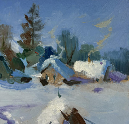 Textured impressionist oil painting of snowy path to village by Yuriy Suprunchuk