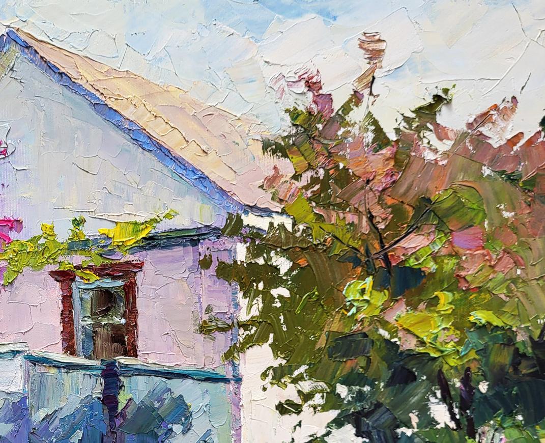 Oil painting Lilac bush by Boris Serdyuk: pastel-pink house in green foliage