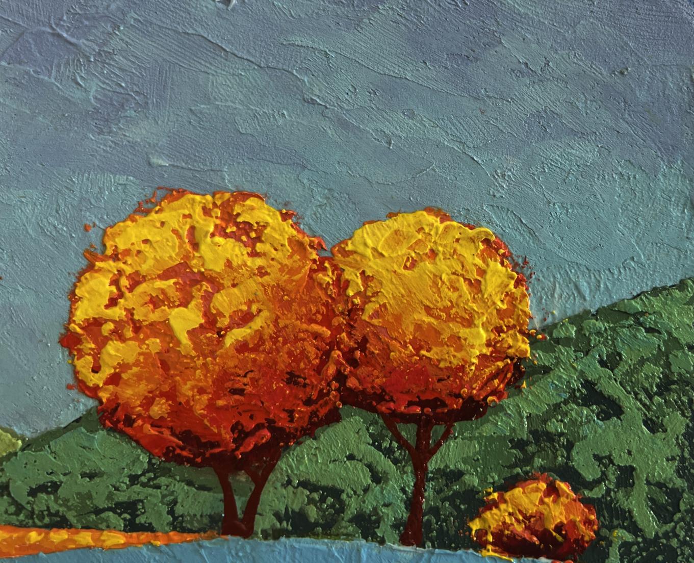 Oil painting Autumn evenings in the meadows by V. Zadorozhnya vibrant orange trees blue sky