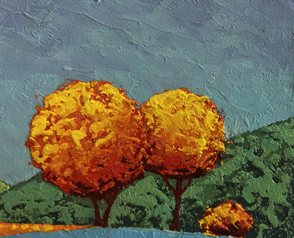 Oil painting Autumn evenings in the meadows by V. Zadorozhnya vibrant orange trees blue sky