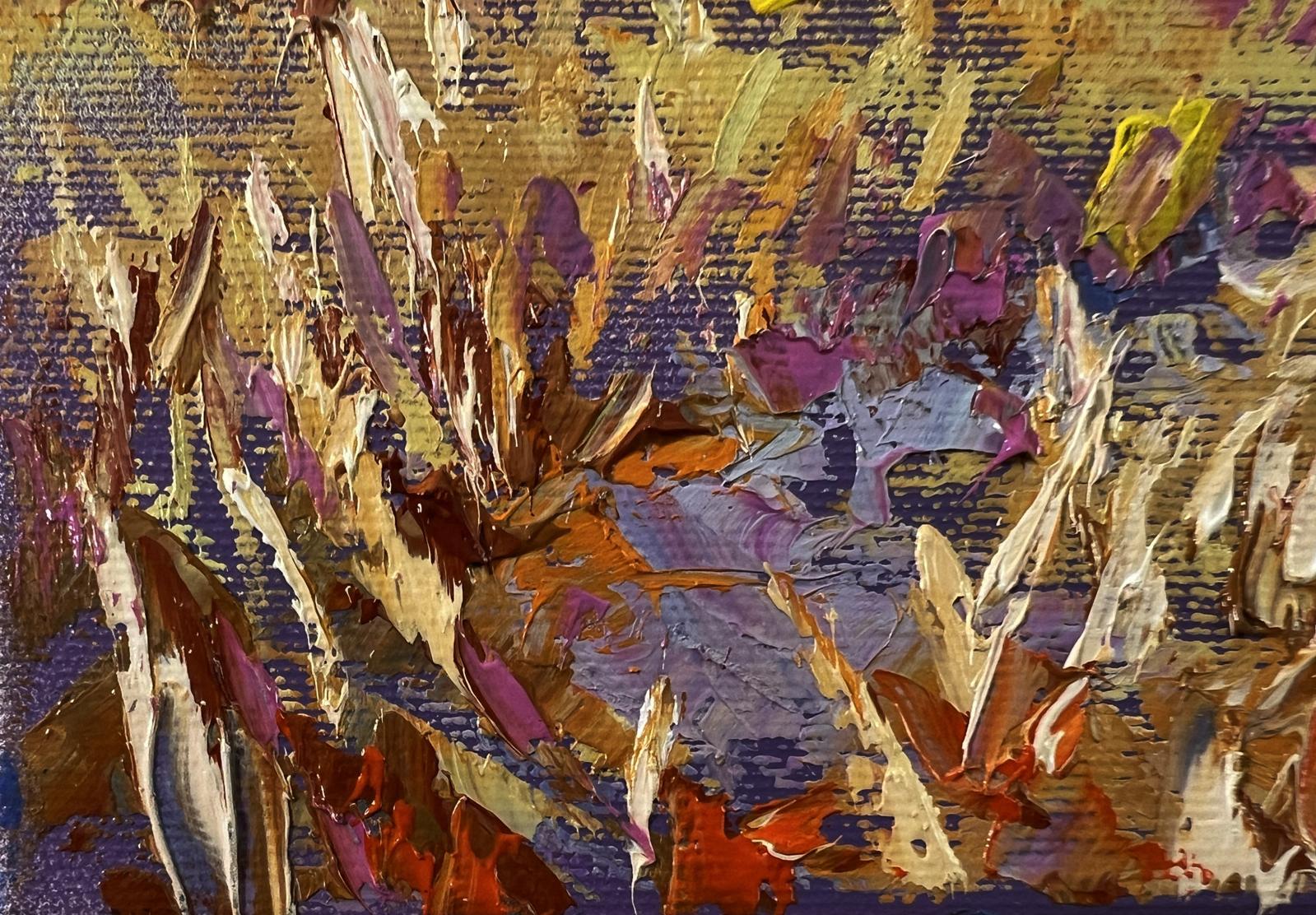 Oil painting Evening village by Oleksiy Ivanyuk in golds, purples, blues