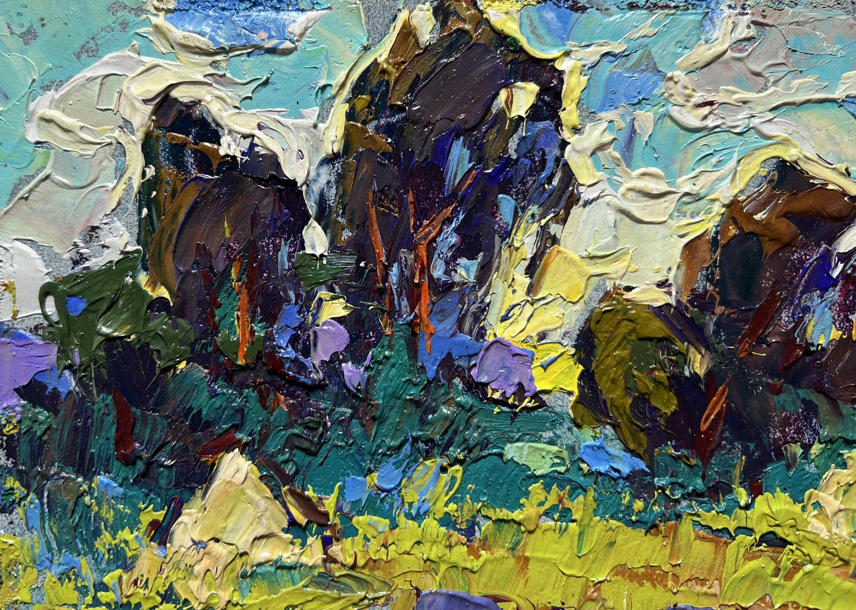 Vibrant impressionist oil painting of plowed field and haystacks by Oleksiy Ivanyuk