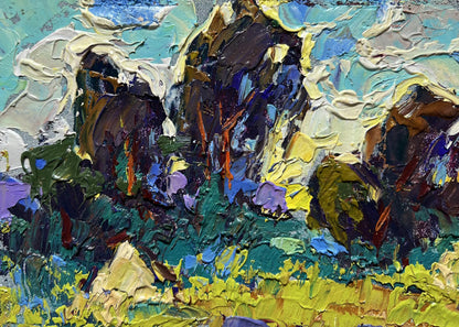 Vibrant impressionist oil painting of plowed field and haystacks by Oleksiy Ivanyuk