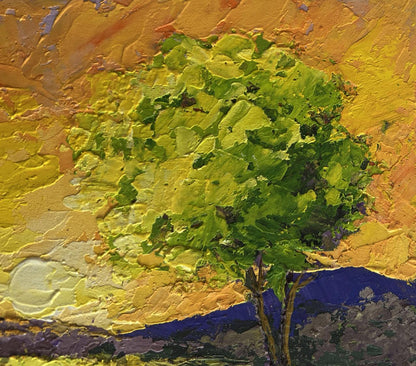 Oil painting Setting sun in the field by V. Zadorozhnya, textured green tree