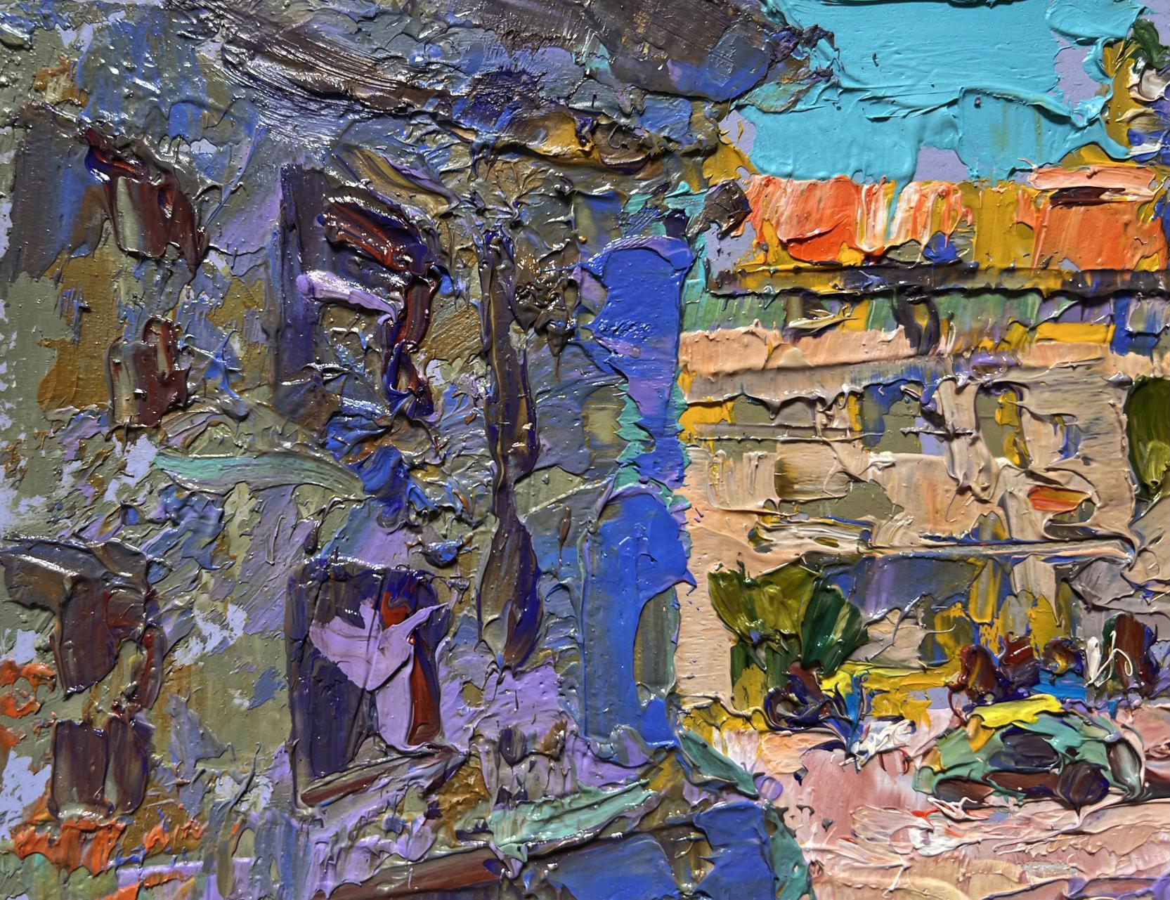 Impasto oil painting Quiet city street by Oleksiy Ivanyuk in blue purple orange green