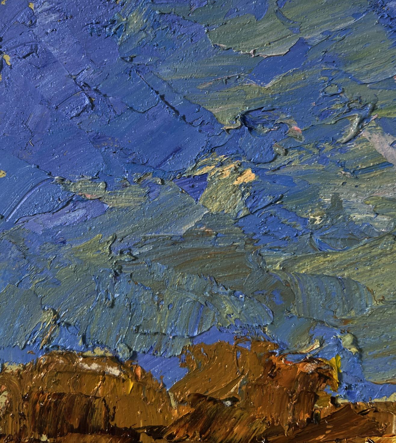 Oil painting Cows on the hill by Boris Serdyuk, impasto blues greens browns