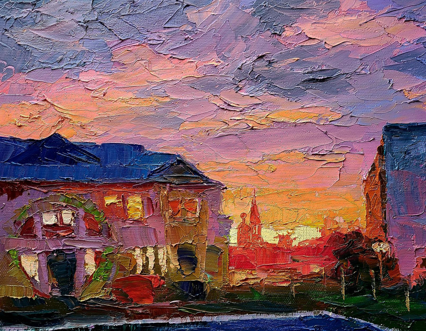 Vibrant oil painting of city orange sunset by Boris Serdyuk