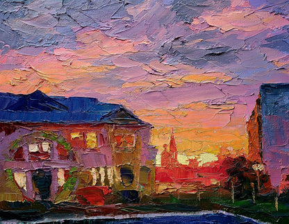 Vibrant oil painting of city orange sunset by Boris Serdyuk