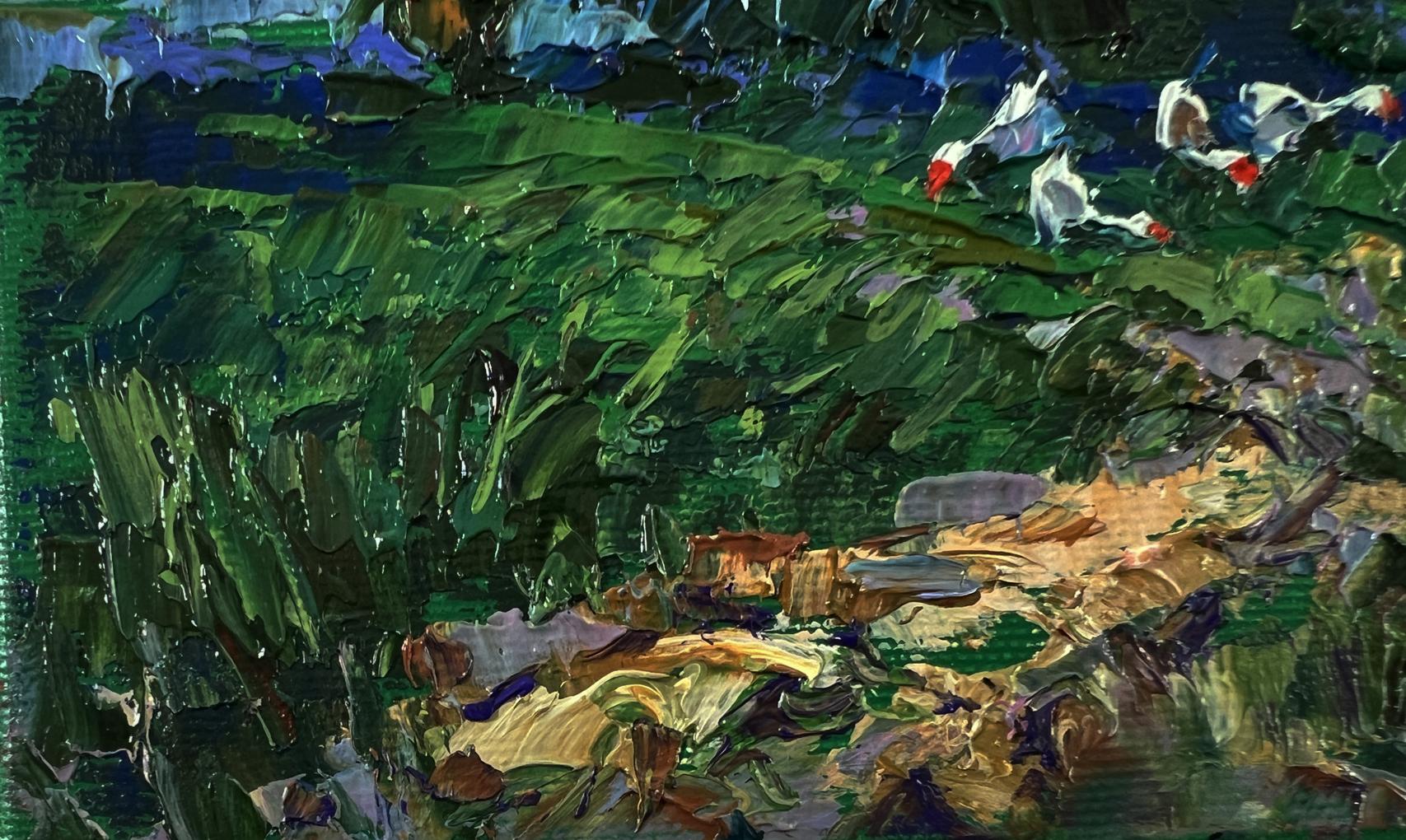 Oil painting Before the Storm by Oleksiy Ivanyuk with green strokes and birds