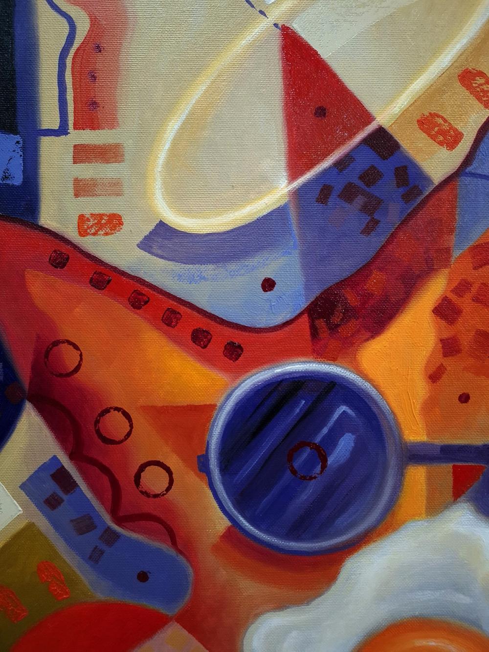 Vibrant Oil painting Quick breakfast by Sergiy Voichenko with bold geometric shapes and deep blue concentric rings