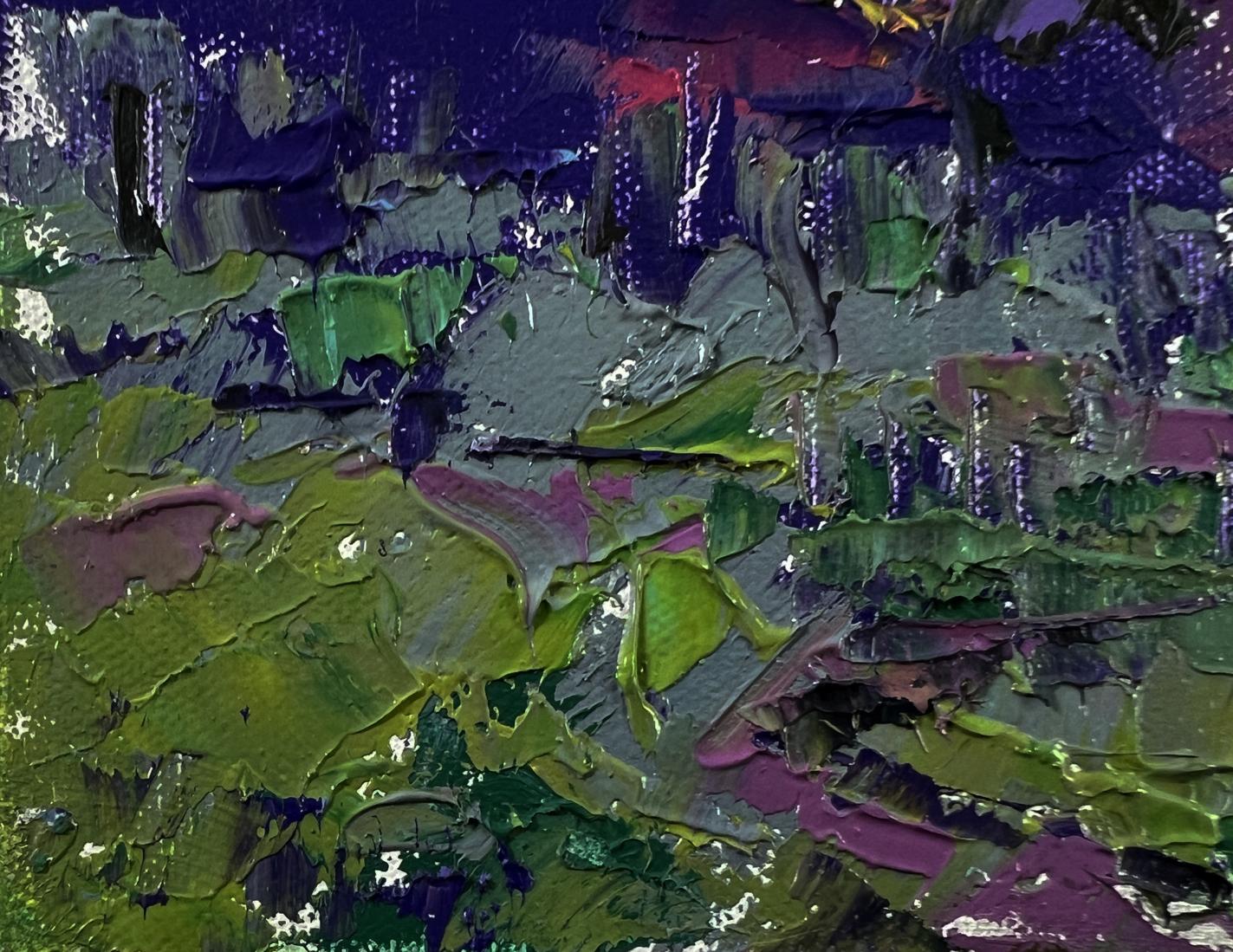Oil painting Bright blue night by Oleksiy Ivanyuk with green purple gray impasto