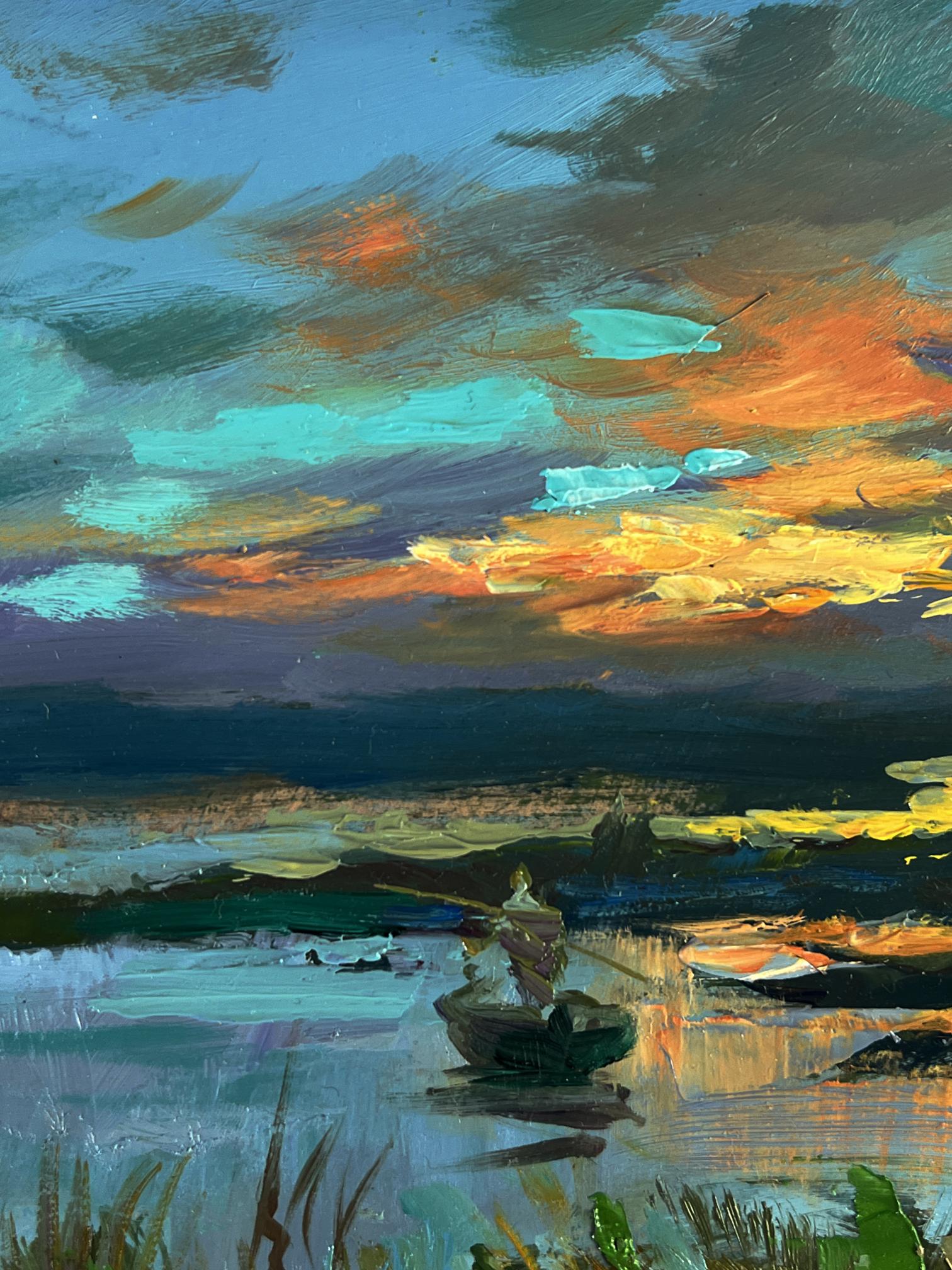 Vibrant impressionist oil painting of sunset fishing boat by Yuriy Suprunchuk