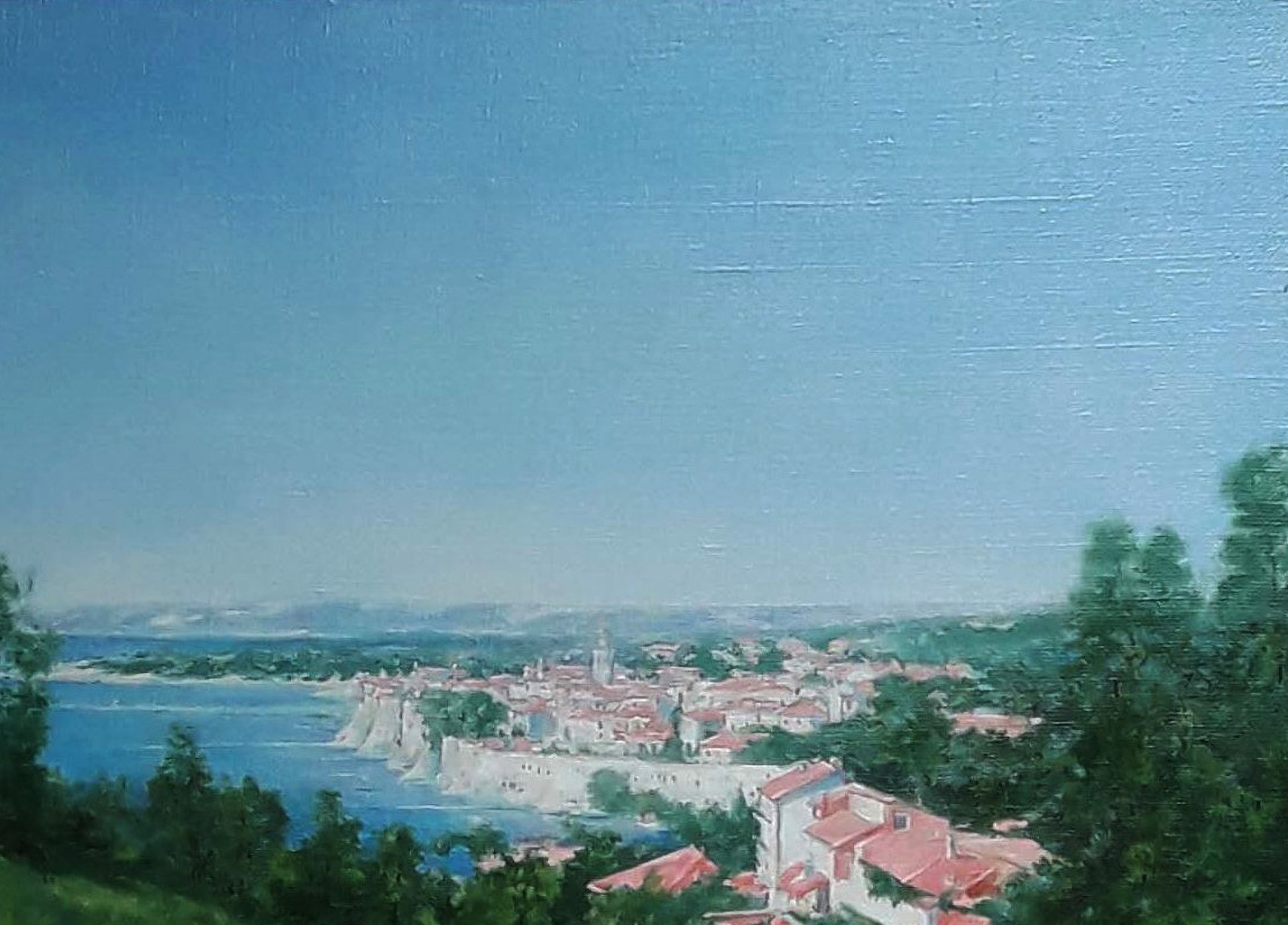 Oil painting of serene City Island by Vasily Korkishko, coastal town on white cliffs