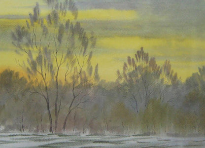 Watercolor painting of snowy field with bare trees by Valery Savenets