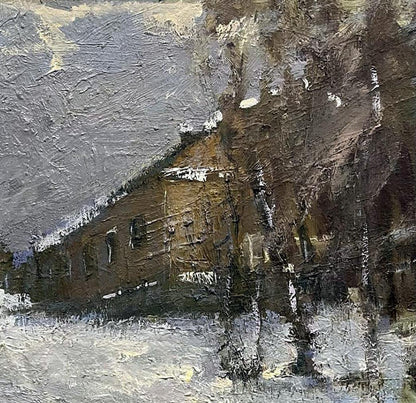Oil painting by Volodymyr Pashchenko: rustic brown house in snowy landscape