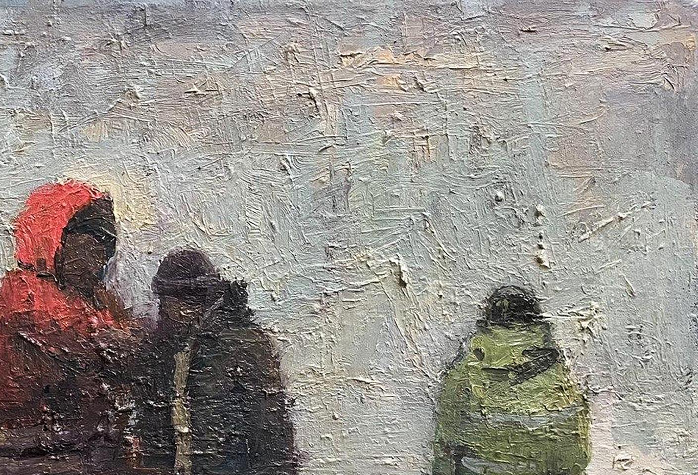 Textured oil painting of construction site by Volodymyr Pashchenko in snowy landscape