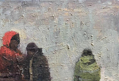Textured oil painting of construction site by Volodymyr Pashchenko in snowy landscape