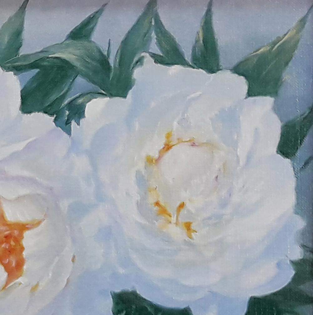 Oil painting of delicate white peonies by Vasily Korkishko