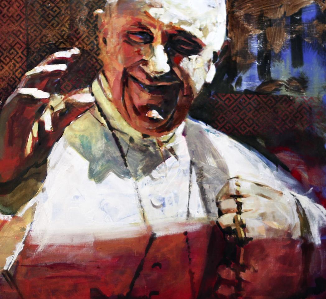 Vibrant oil painting Ablution Ed Potapenkov of smiling elderly pope in papal robes