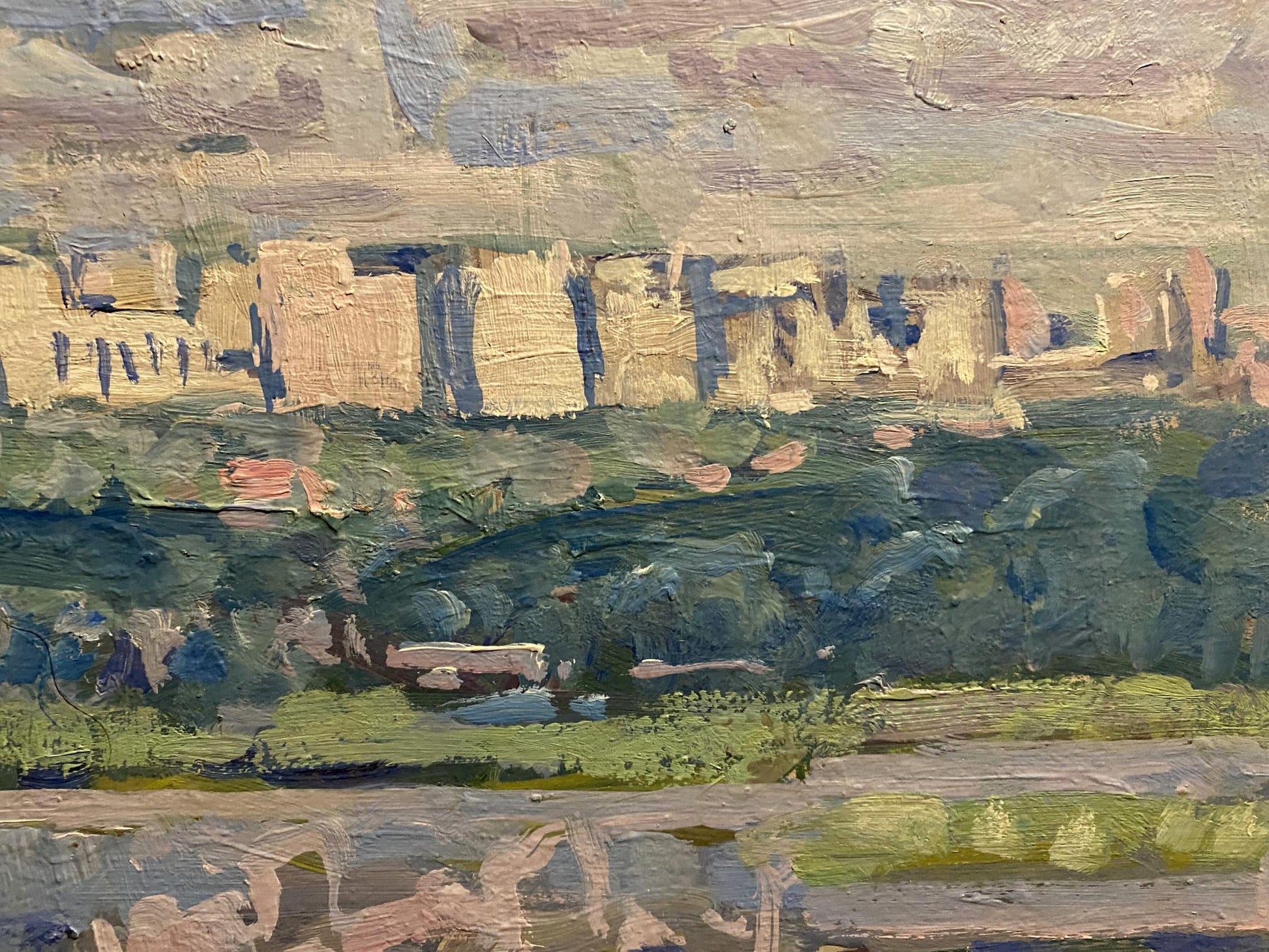 Impressionistic oil painting of white houses by Georgy Kolosovsky