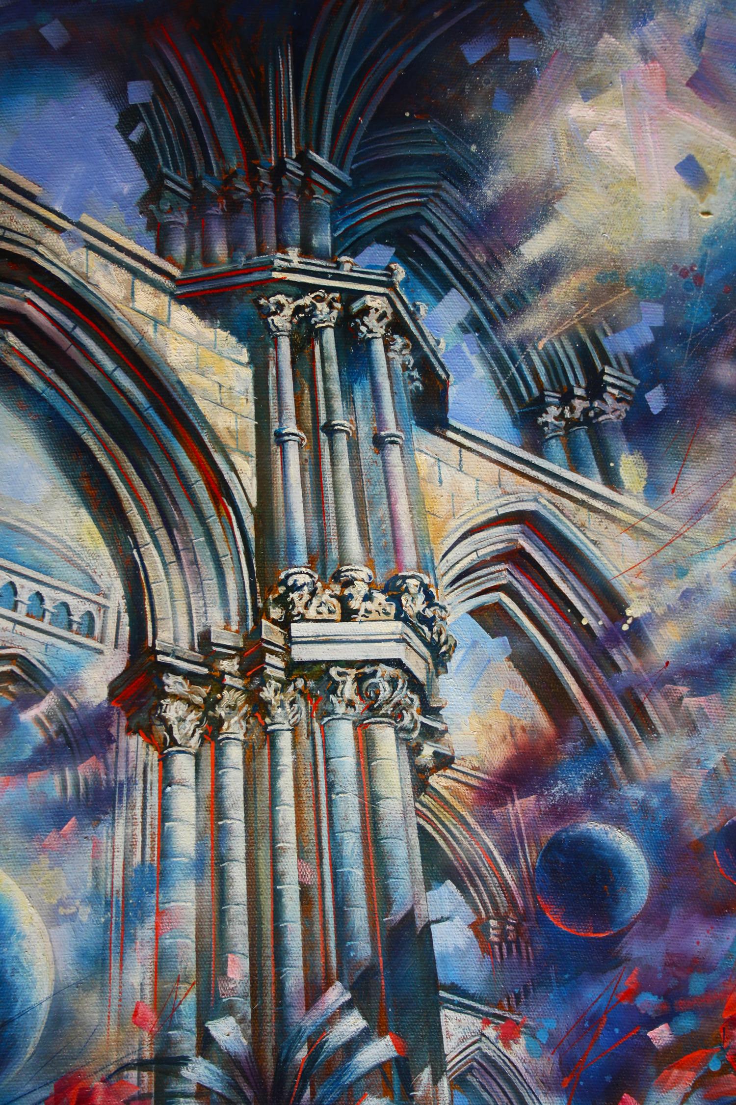 Vibrant abstract gothic cathedral interior with cosmic sky in Oil painting Parade of planets Alexander Dobrodiy