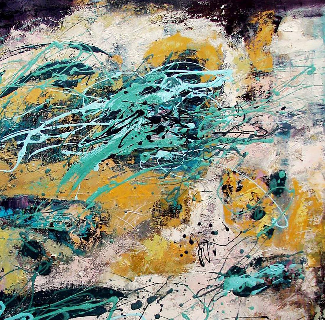 Oil painting Green and yellow Tatyana Shulyak with teal, yellow, black splashes
