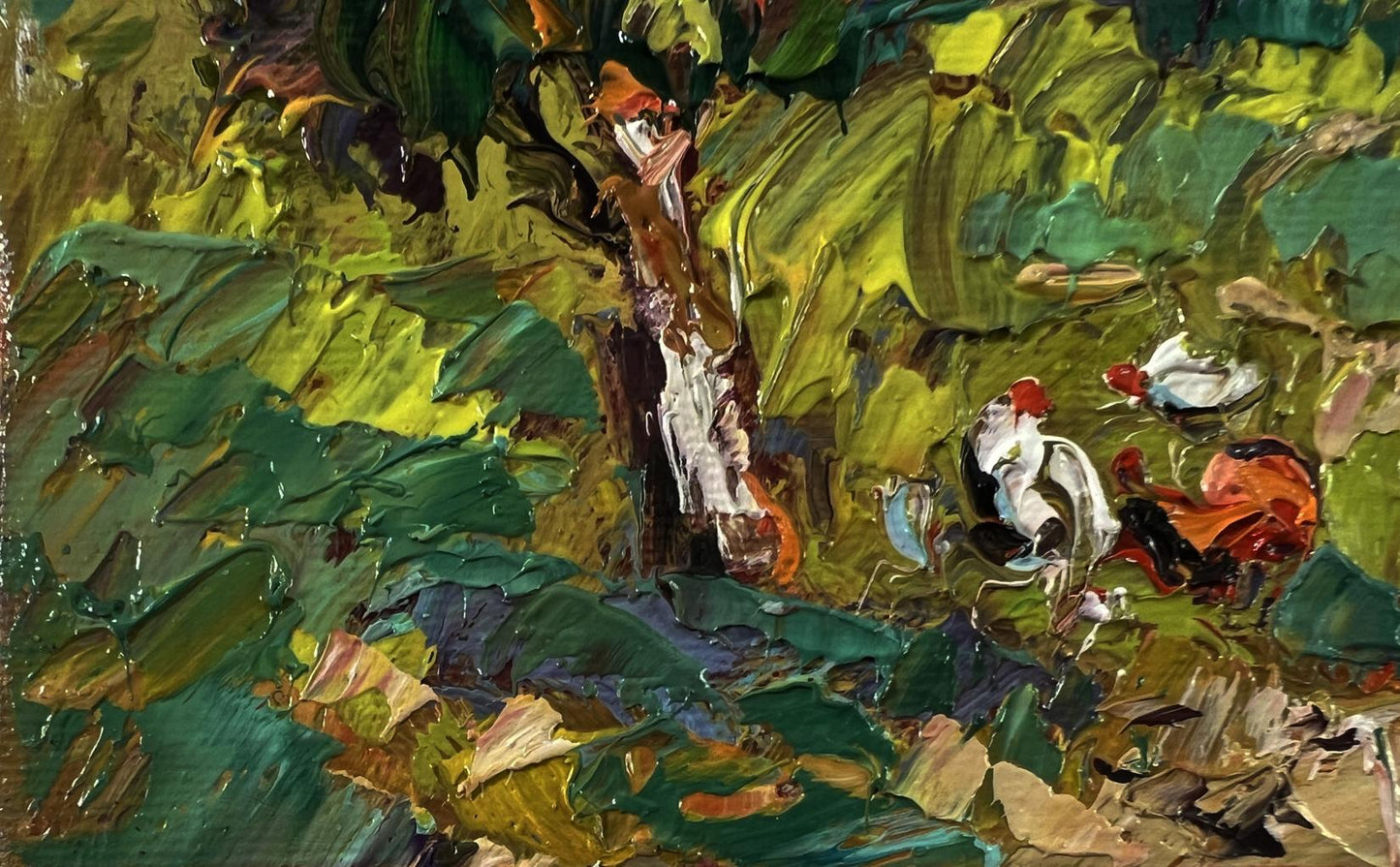 Vibrant impressionist oil painting of chickens in village yard by Oksana Ivanyuk