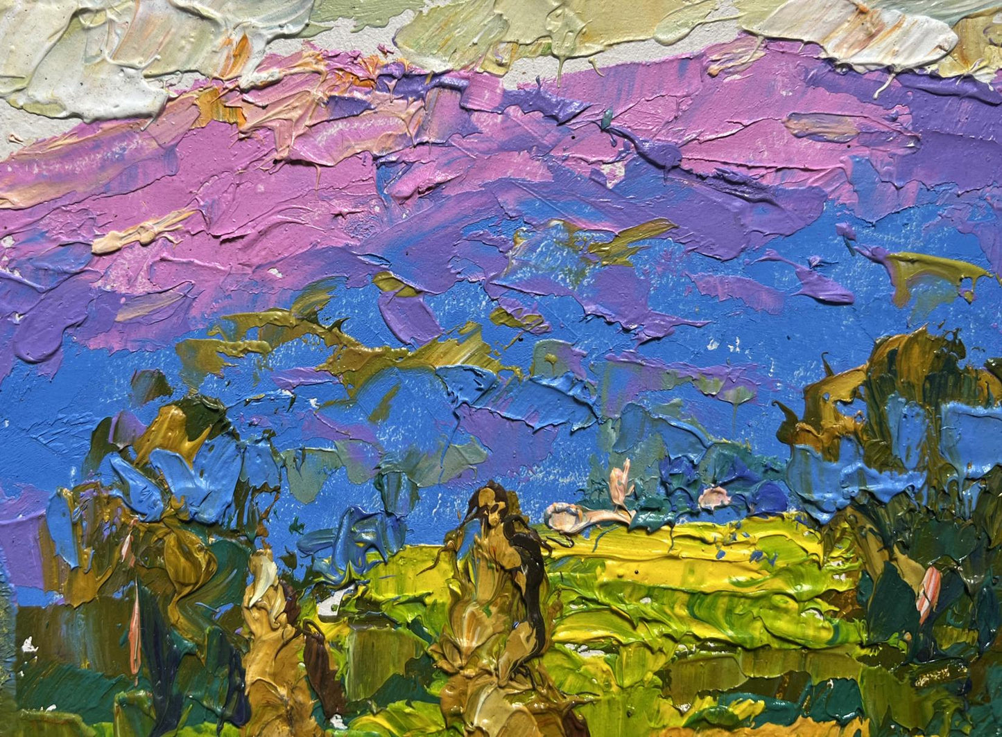 Vibrant impressionist oil painting of haystack and mountains by Oleksiy Ivanyuk