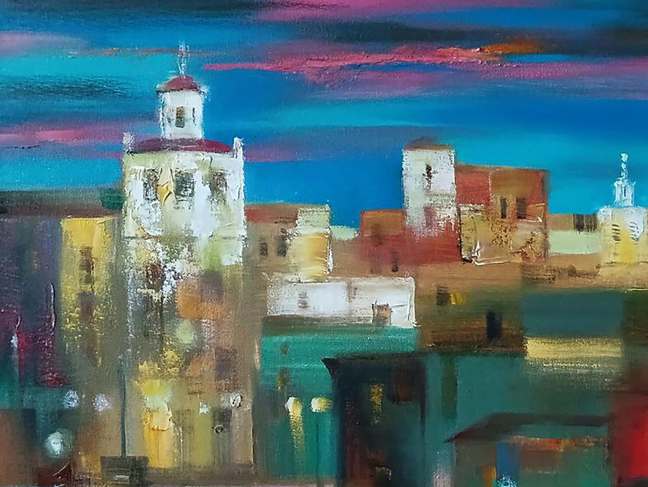 Abstract oil painting Evening city by Anatoly Tarabanov, vibrant towers