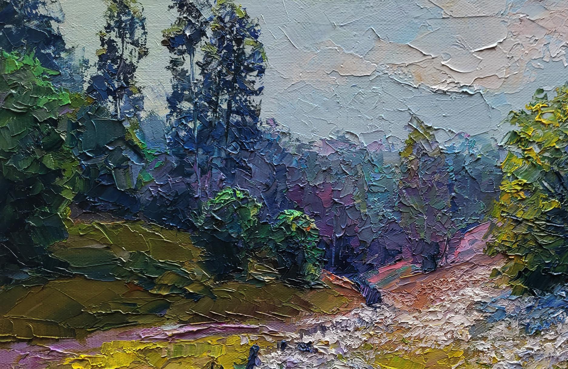 Impasto oil painting of wildflowers by Boris Serdyuk in greens and blues