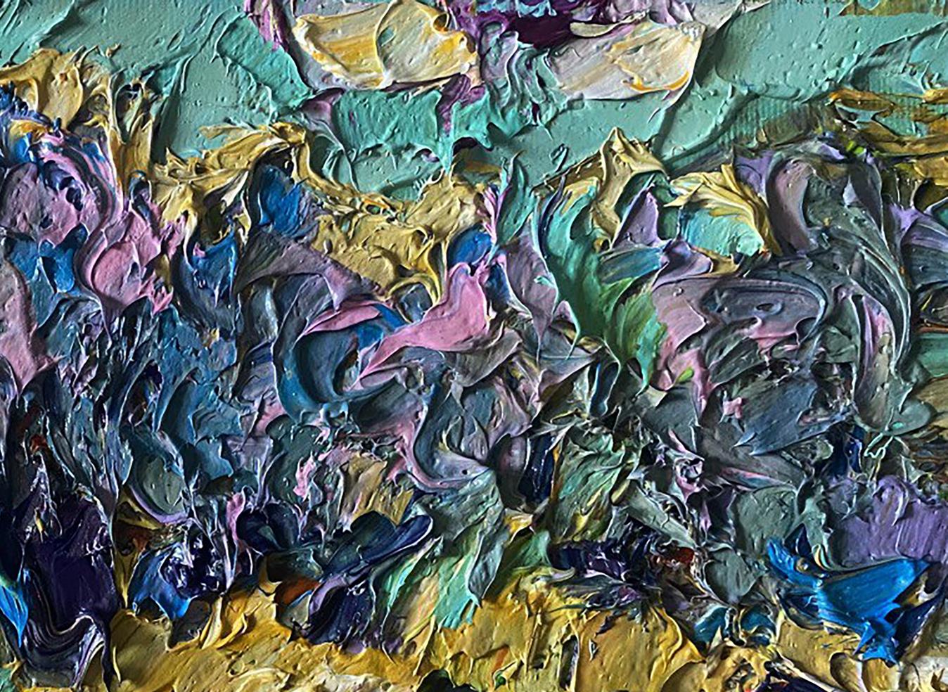 Oil painting In the autumn field by Oleksiy Ivanyuk with vibrant teal impasto strokes